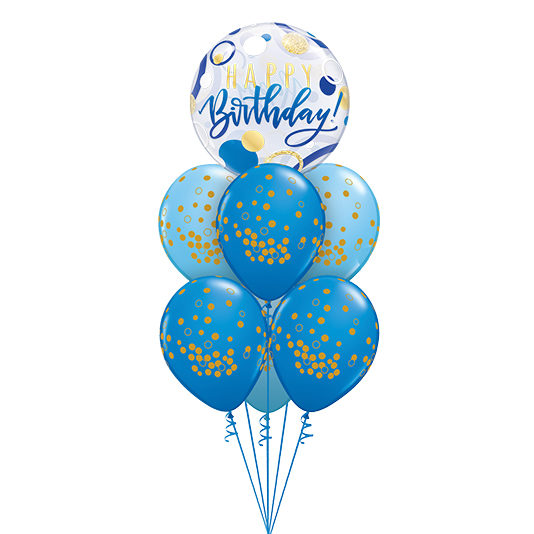 Blue & Gold Dots Bubble Happy Birthday Balloon Bouquet