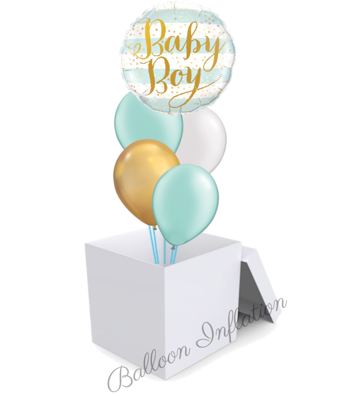 Baby Boy Mint and Gold Balloon Bouquet in A Box