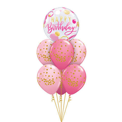 Pink & Gold Dots Bubble Happy Birthday Balloon Bouquet